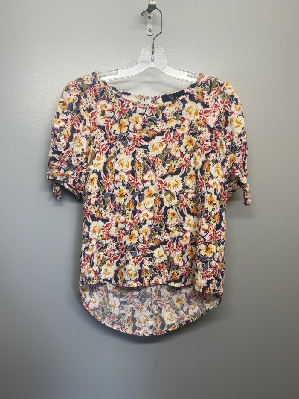 RACHEL Rachel Roy Floral Short Sleeve Tie Accent Blouse - Yellow, Pink & Navy